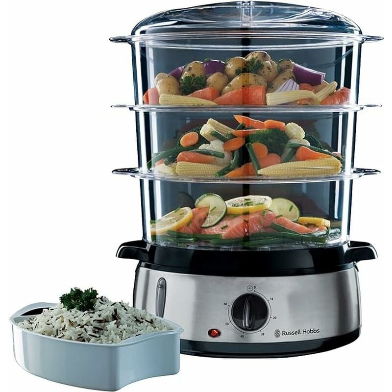 foto del prodotto russell hobbs vaporiera 9,0 l multicottura 3 contenitori per cottura a vapore lavabili in lavastoviglie ciotola per riso 6 portauova timer 60