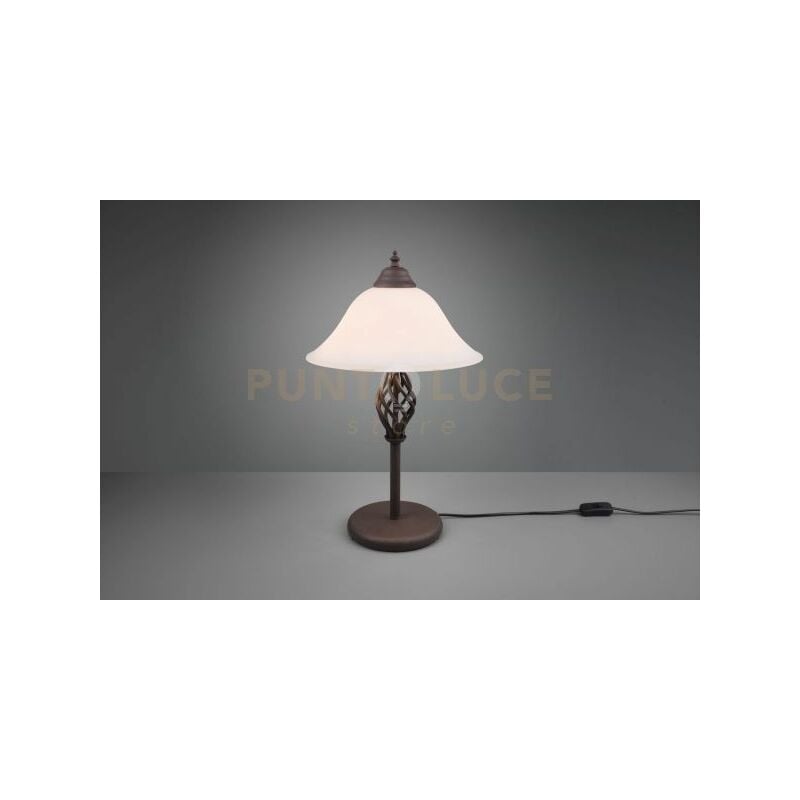 foto del prodotto rustica lampada da tavolo metallo ruggine con diffusore vetro bianco h. 50cm 2 luci attacco e14