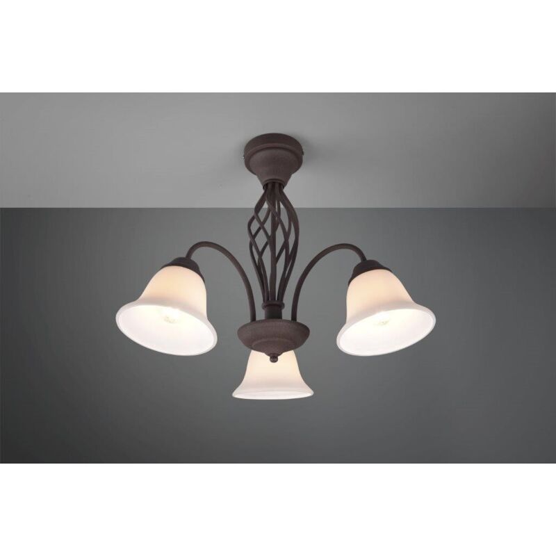 foto del prodotto rustica plafoniera metallo ruggine con 3 diffusori vetro bianco d. 55cm