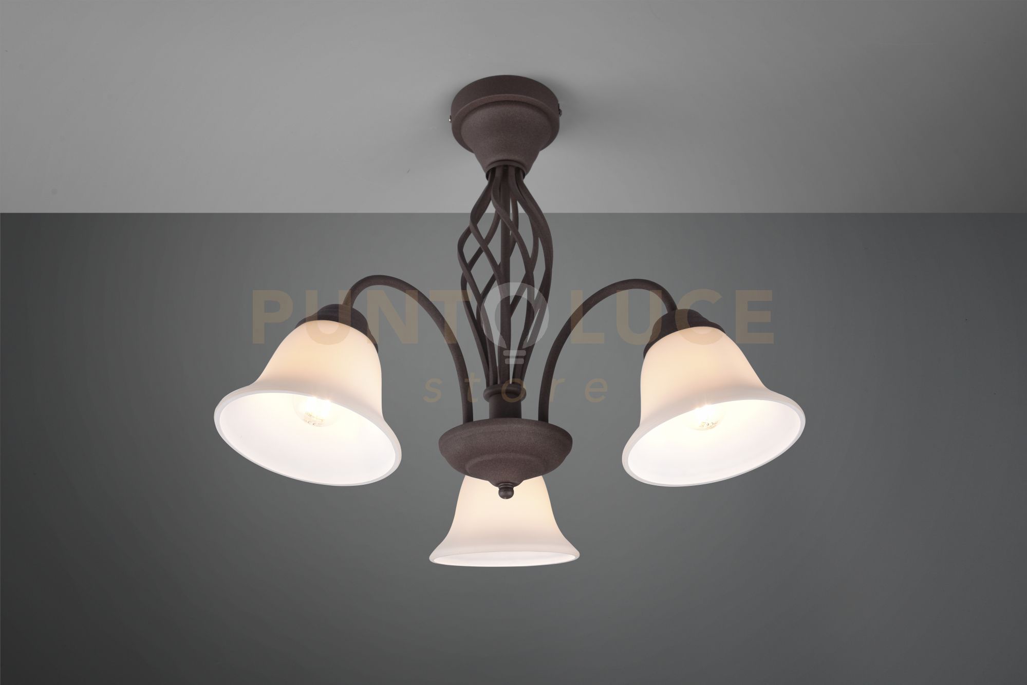 foto del prodotto rustica plafoniera metallo ruggine con 3 diffusori vetro bianco d. 55cm attacco e14