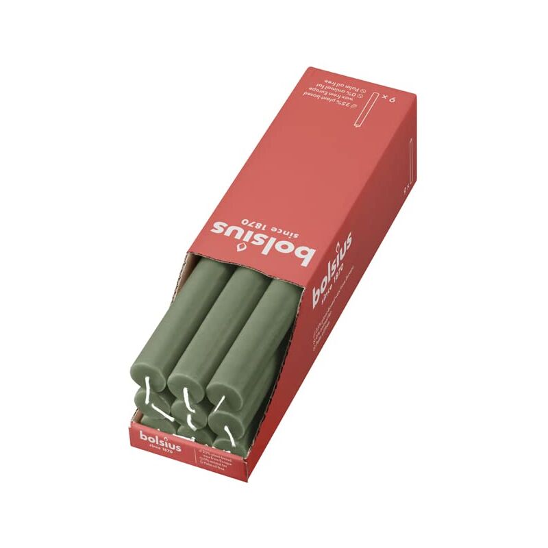 foto del prodotto rustik candele a bastoncino, verde oliva, set da 9 pezzi, lunghezza 13 ore, non profumate, cera vegetale naturale, senza gocciolamento, senza olio