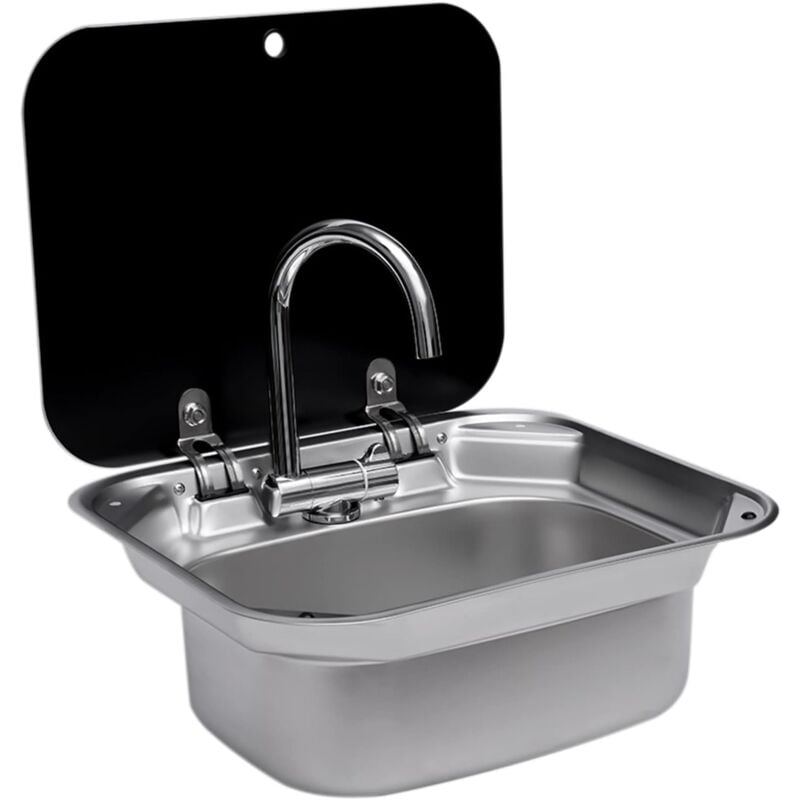 foto del prodotto rv caravan o barca lavandino a mano in acciaio inox con rubinetto piegato, coperchio in vetro temperato per camper accessori lavello con rubinetto 