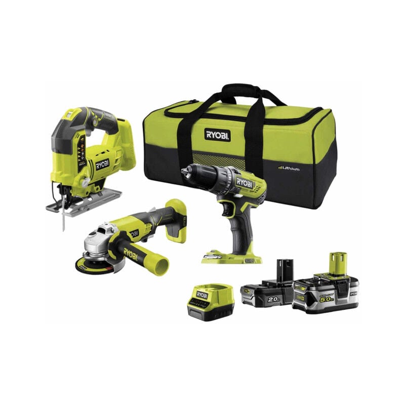 foto del prodotto ryobi confezione 18v one trapano avvitatore smerigliatrice seghetto alternativo 2 batterie 1 caricatore rapid