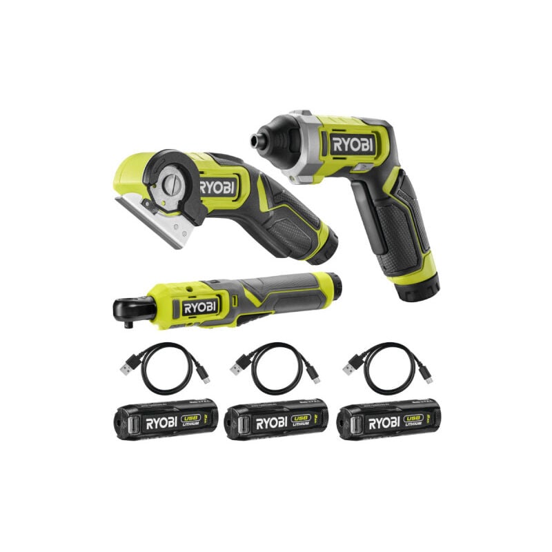 foto del prodotto ryobi confezione 4v chiave a cricchetto mini sega cacciavite 10 bit 3 batterie da 2,0ah 3 cavi usb