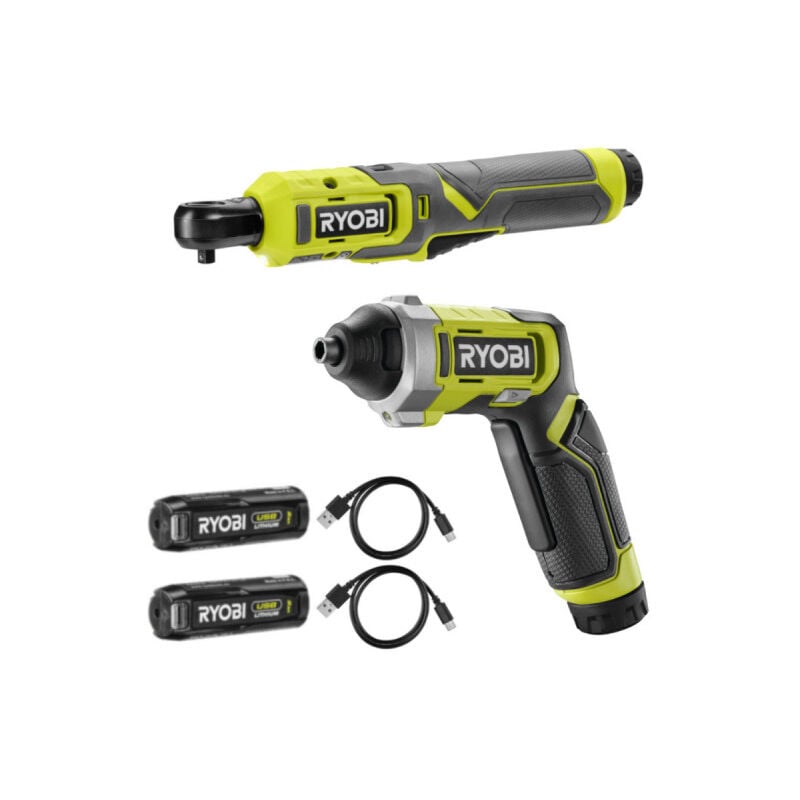 foto del prodotto ryobi confezione 4v chiave a cricchetto rr14w4 0 1 4 cacciavite rsd4 120t 2 batterie 2,0ah 2 cavi usb