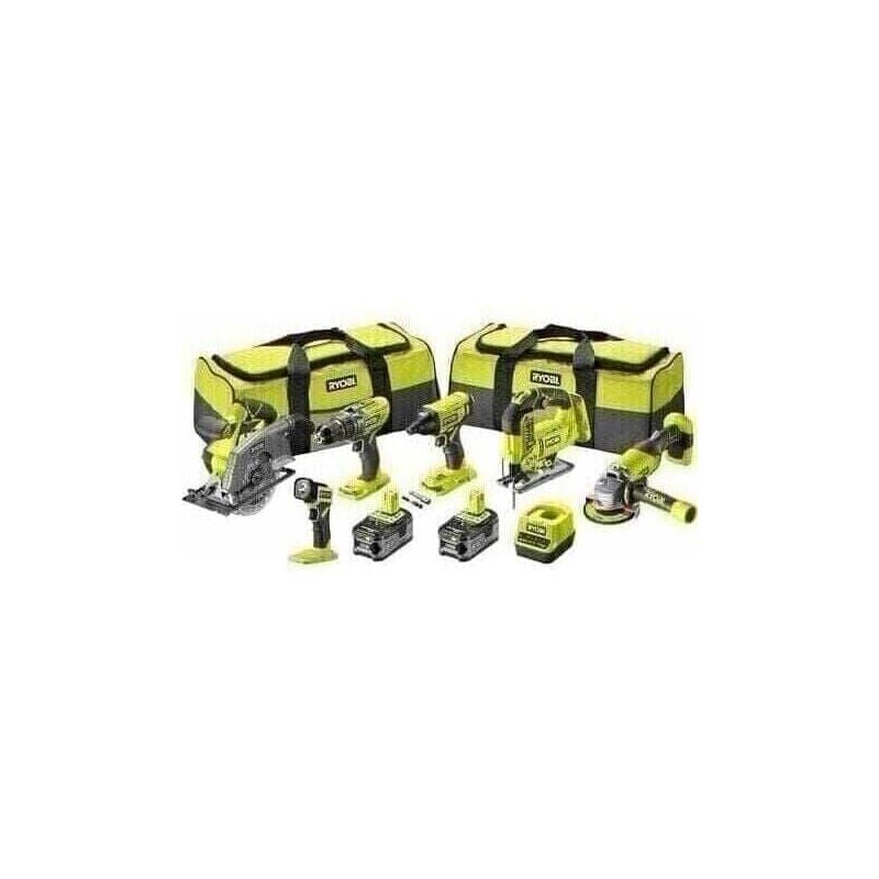 foto del prodotto ryobi confezione 6 utensili trapano a percussione avvitatore a impulsi smerigliatrice da 115 mm seghetto alternativo sega circolare 