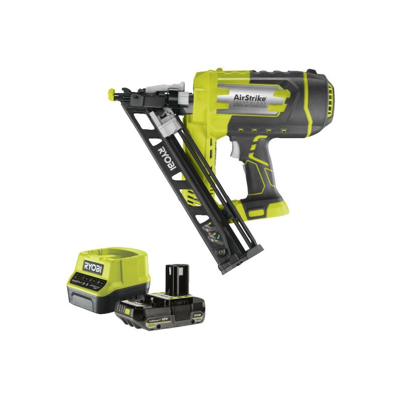 foto del prodotto ryobi confezione chiodatrice ad aria inclinata r15gn18 0 18v oneplus 1 batteria 2,0ah 1 caricatore rapido rc18120 