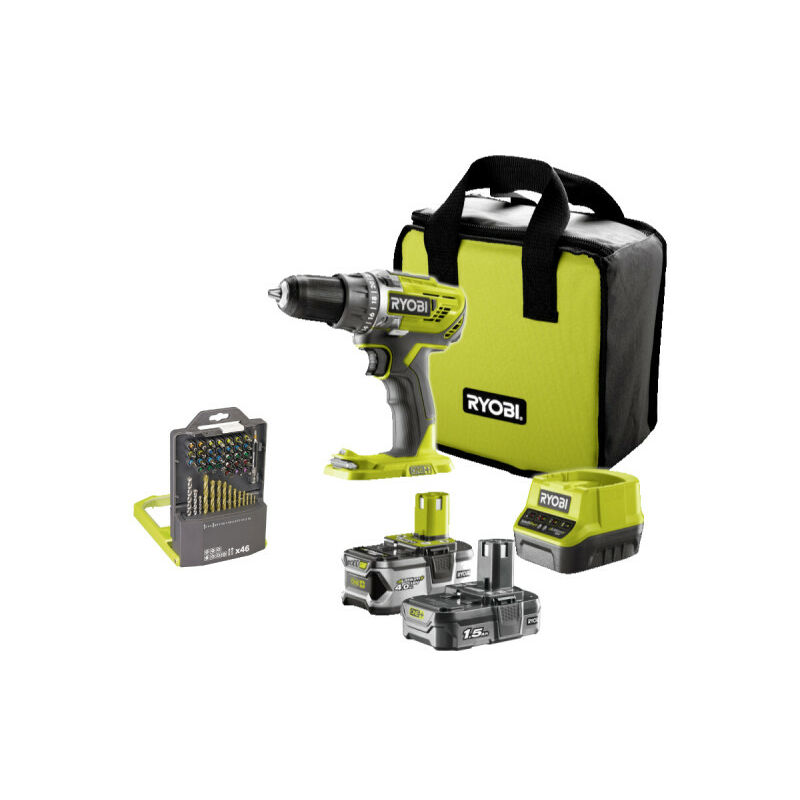 foto del prodotto ryobi confezione drill driver r18dd3 2415bs 18v oneplus 2 batterie 4,0 ah 1,5ah caricabatterie cassetta 46 acces