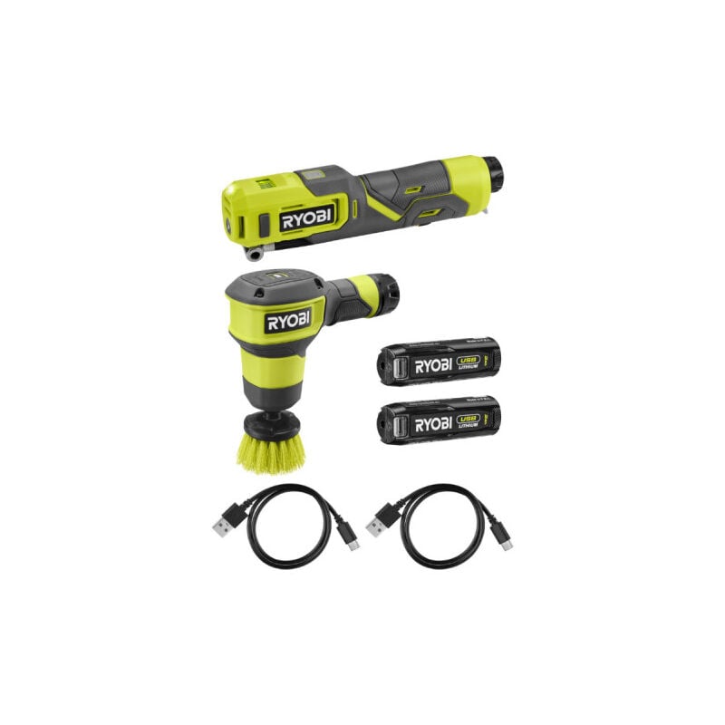foto del prodotto ryobi confezione gonfiatore 4v 6,9 bar spazzola motorizzata 2 batterie da 2,0ah