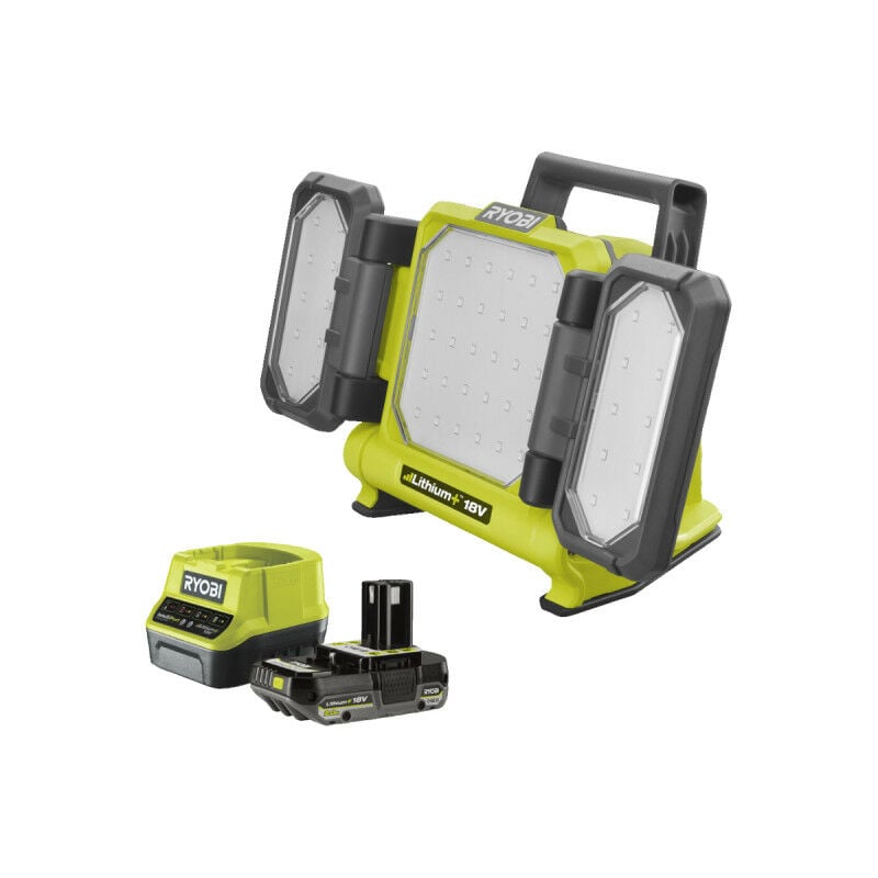 foto del prodotto ryobi confezione lampada a pannello a tre led rlp18 0 18v oneplus 3000 lumen 1 batteria 2.0ah 1 caricatore rapido