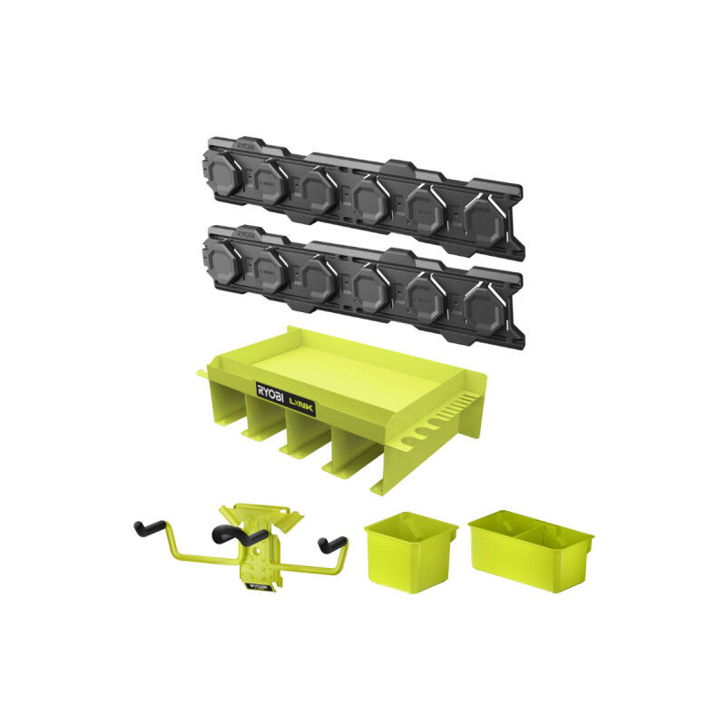 foto del prodotto ryobi confezione link system 2 guide a parete scaffale multiuso cestino singolo e doppio gancio
