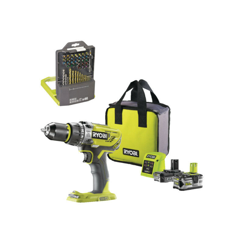 foto del prodotto ryobi confezione r18pd31 252s trapano e avvitatore a percussione 18v batterie 2.0ah e 5.0ah caricabatterie 46 ac