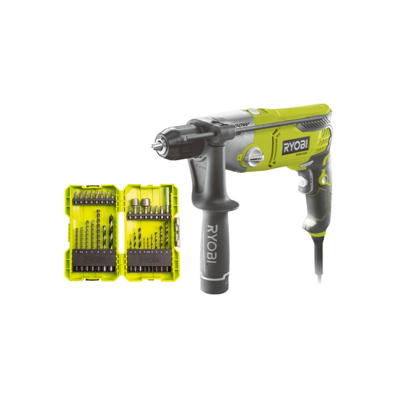 foto del prodotto ryobi confezione rpd1200 k trapano a percussione 1200w set di 32 accessori rak32ddmix