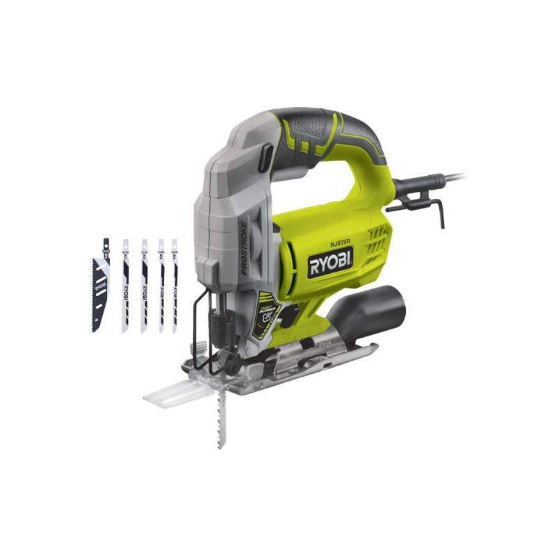 foto del prodotto ryobi confezione seghetto alternativo elettrico rjs750 g 500w 75mm legno set di 5 lame 100mm rak05jsbfc