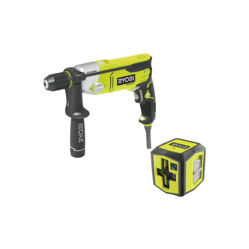 foto del prodotto ryobi confezione trapano a percussione 1010w rpd1010k laser a croce verde portata 15m rbcllg1