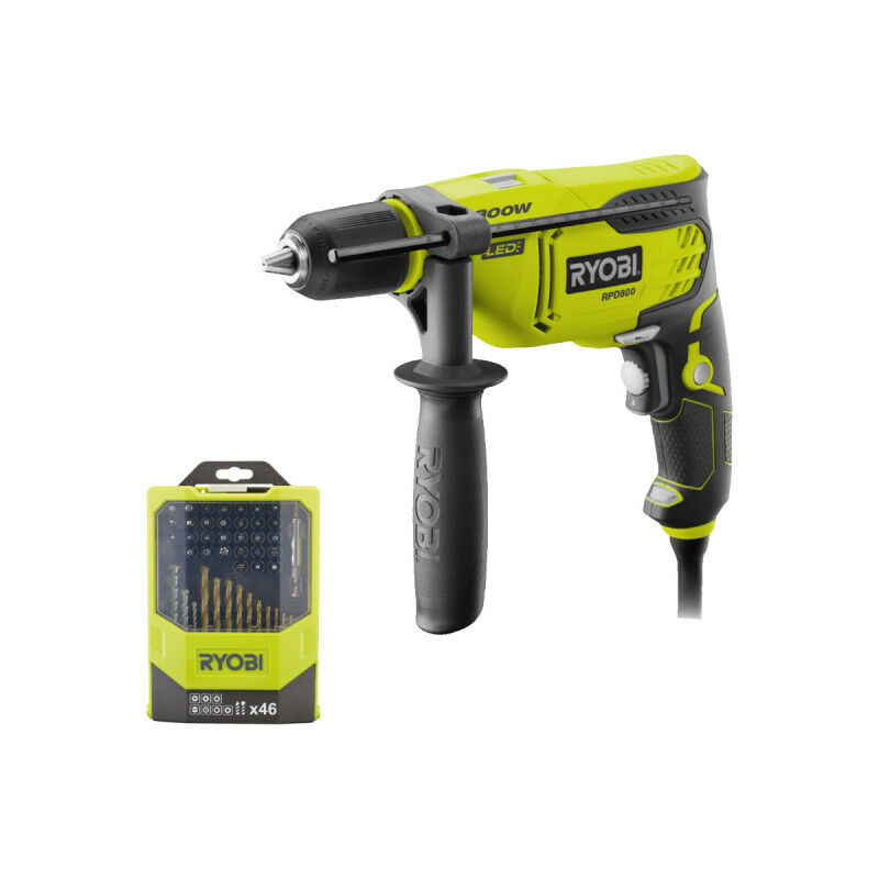 foto del prodotto ryobi confezione trapano a percussione rpd800 k 800w set rak46mix 46 accessori misti