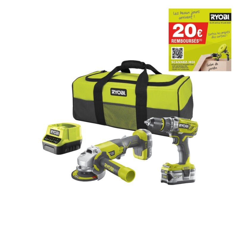 foto del prodotto ryobi confezione trapano avvitatore a percussione 18v smerigliatrice angolare one 18v 1 batteria 18v 2,0 ah 1 bat