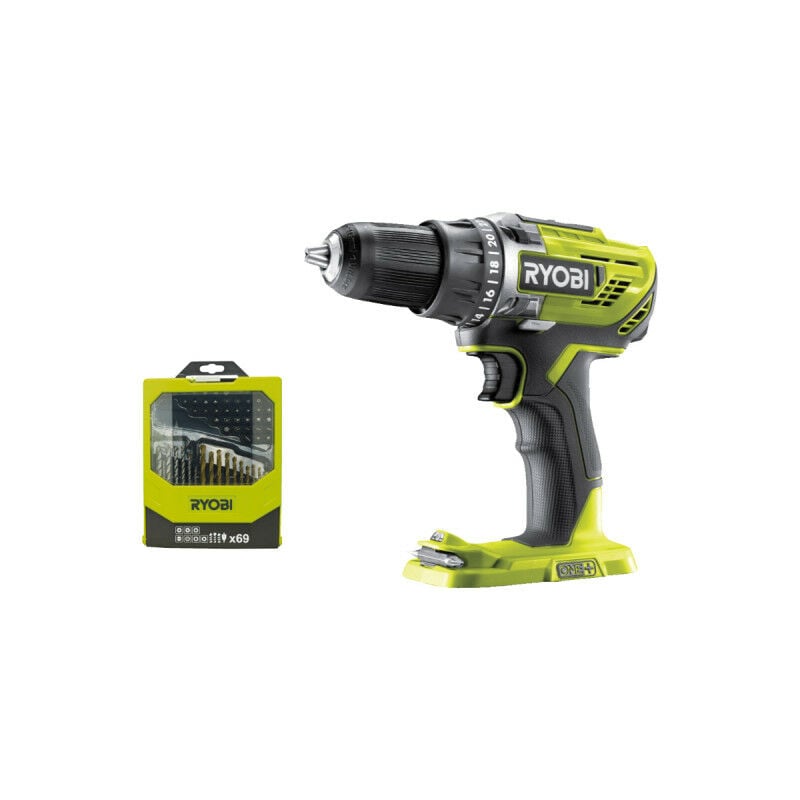 foto del prodotto ryobi confezione trapano avvitatore r18dd3 0 18v oneplus senza batteria e caricatore set di 69 accessori misti per
