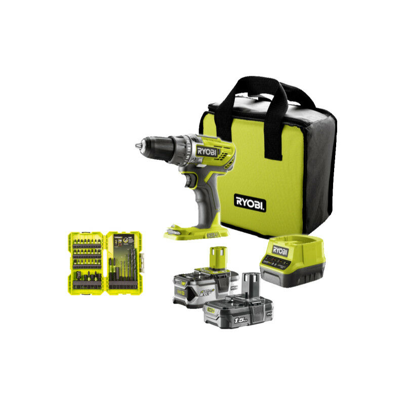foto del prodotto ryobi confezione trapano avvitatore r18dd3 2415bs 18v oneplus 2 batterie 4,0 ah 1,5ah caricabatterie 38 accessor