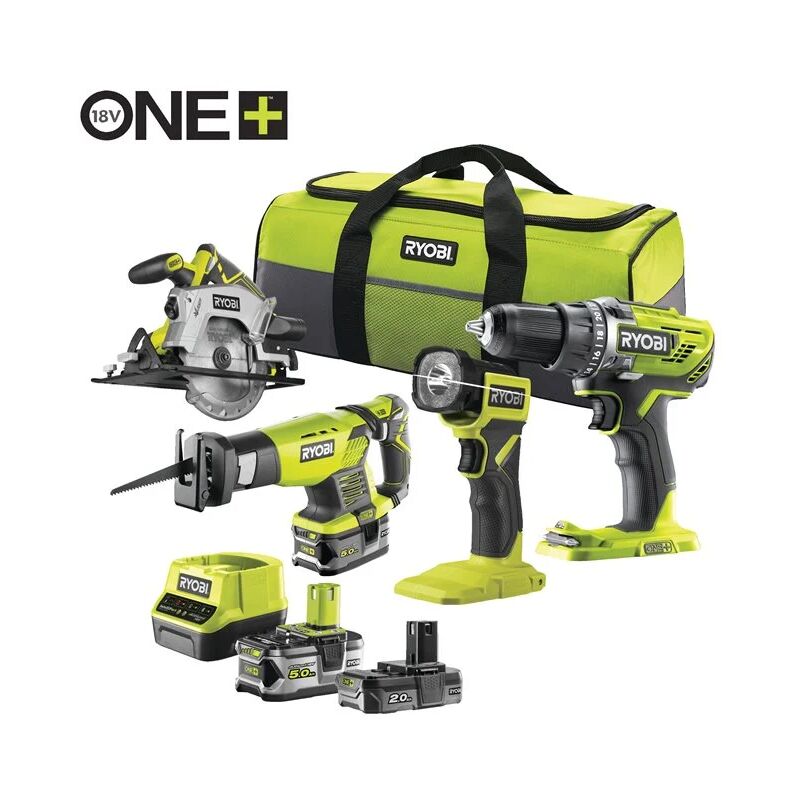 foto del prodotto ryobi kit 4 utensili trapano avvitatore sega circolare sega a gattuccio torcia e due batterie