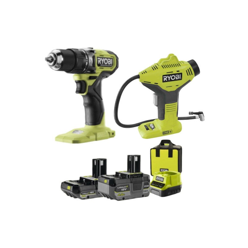 foto del prodotto ryobi - kit trapano a percussione brushless e compressore portatile con 2 batterie 18v 2ah