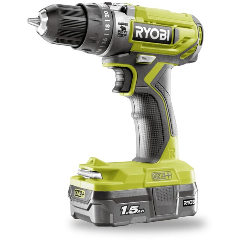 foto del prodotto ryobi kit trapano avvitatore a percussione a batteria r18pd2 115s 18v, con batteria da 1,5ah e caricabatterie