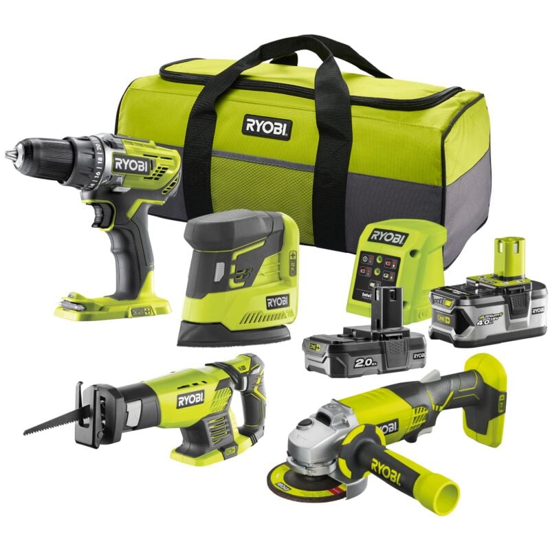 foto del prodotto ryobi kit valigetta trapano avvitatore, smerigliatrice angolare, levigatrice palmare e seghetto gattuccio a batteria r18dd3 r18ag rps18 