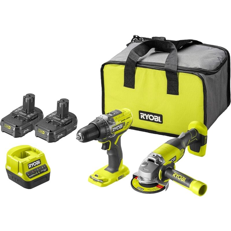 foto del prodotto ryobi pacchetto 2 utensili 1 trapano avvitatore r18dd3 0 1 smerigliatrice angolare r18ag 0 da 115 mm 2 batterie da 2,0 ah 1 caricabatterie