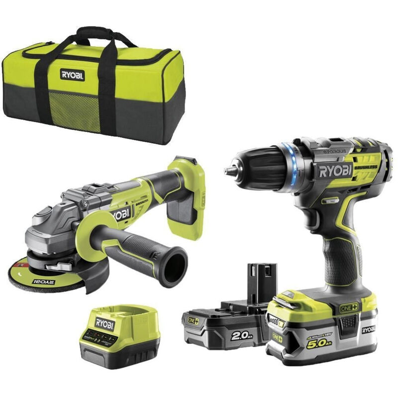 foto del prodotto ryobi pacchetto di utensili elettrici portatili a batteria duo 18v one trapano a percussione, avvitatore e smerigliatrice angolare 2 batterie