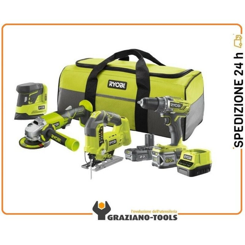 foto del prodotto ryobi r18ck4b 252s kit 4 utensili 18v con doppia batteria 2,0ah e 5,0ah con borsone incluso