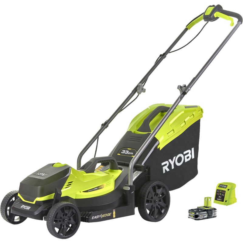 foto del prodotto ryobi - rlm18c33b25 tosaerba a batteria larghezza di taglio 33 cm, altezza di taglio regolabile con sacco di raccolta da 35 l, incl. batteria