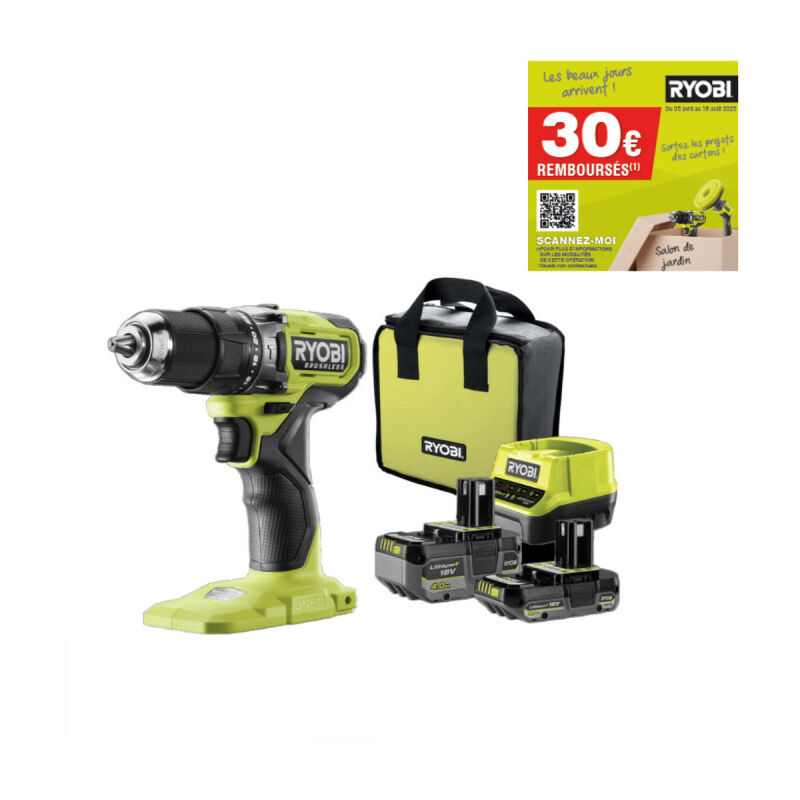 foto del prodotto ryobi trapano a percussione 18v one brushless 1 batteria 4,0 ah 1 batteria 2,0 ah 1 caricatore rpd18bl1 2c42s