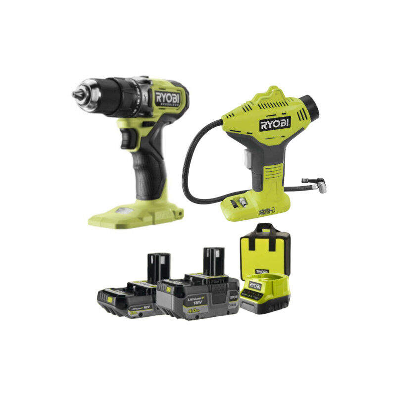 foto del prodotto ryobi trapano avvitatore 18v one brushless batterie da 2.0 e 4.0ah caricabatterie compressore gratis