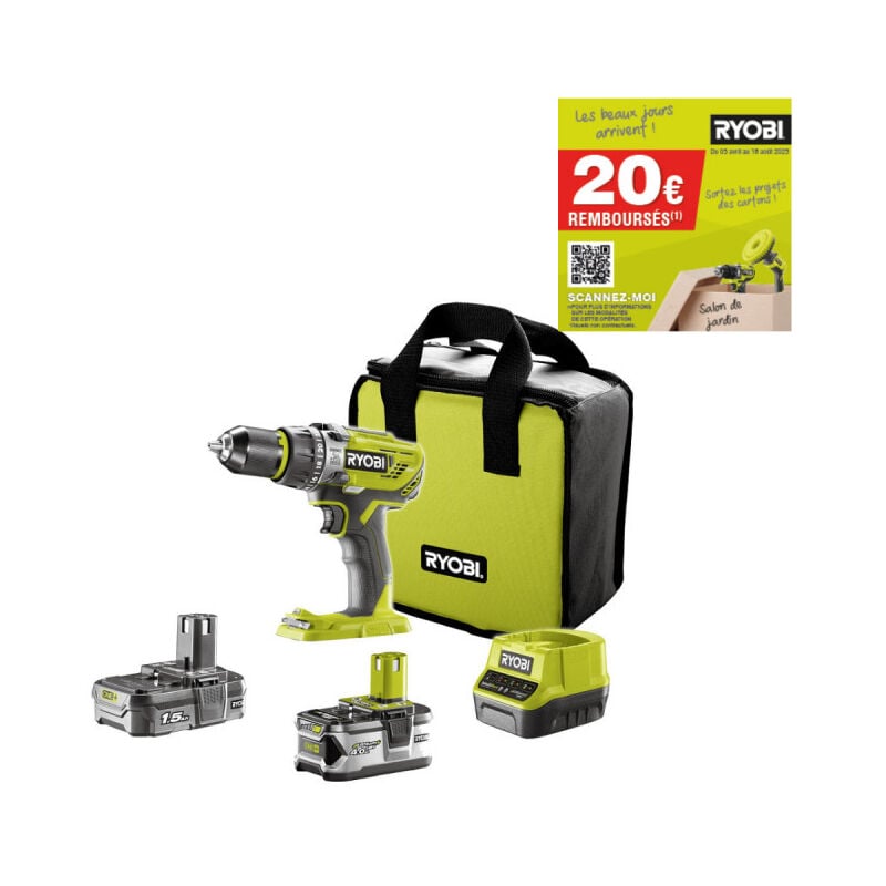 foto del prodotto ryobi trapano avvitatore 18v oneplus a 2 velocit 2 batterie lithiumplus da 4,0 ah e 1,5 ah 1 caricatore rapido r