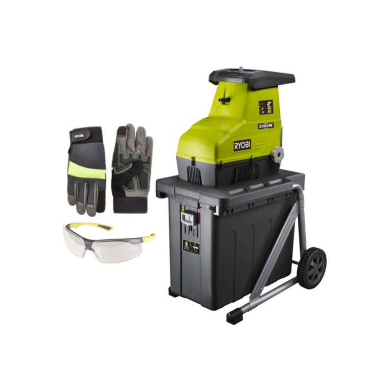 foto del prodotto ryobi trituratore elettrico 3000w guanti rinforzati taglia xl occhiali protettivi