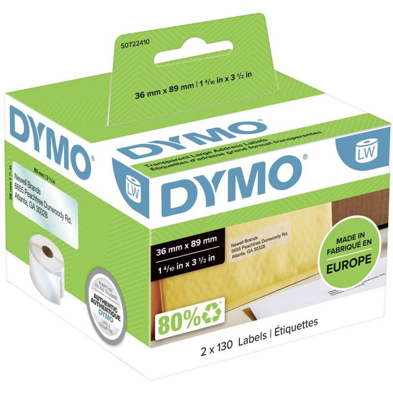 foto del prodotto s0722410 rotolo di etichette 89 x 36 mm pellicola trasparente 260 pz. a tenuta permanente etichetta per indirizzo - dymo