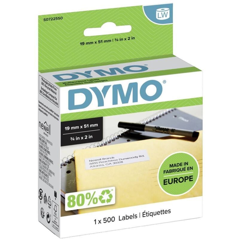 foto del prodotto s0722550 rotolo di etichette 19 x 51 mm carta bianco 500 pz. staccabile etichetta universale dymo