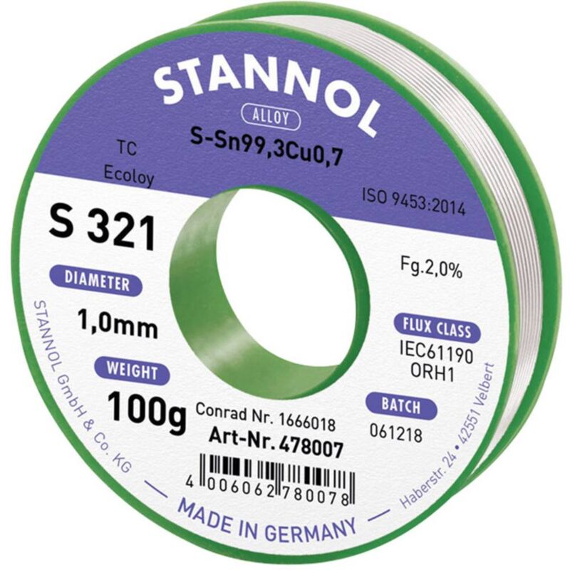 foto del prodotto s321 2,0 1,0mm sn99,3cu0,7cd 100g stagno senza piombo senza piombo, bobina sn99,3cu0,7 orh1 100 g 1 mm stannol