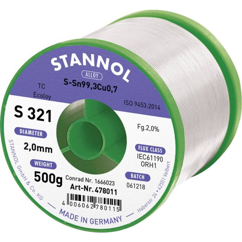 foto del prodotto s321 2,0 2,0mm sn99,3cu0,7cd 500g stagno senza piombo senza piombo, bobina sn99,3cu0,7 orh1 500 g 2 mm stannol