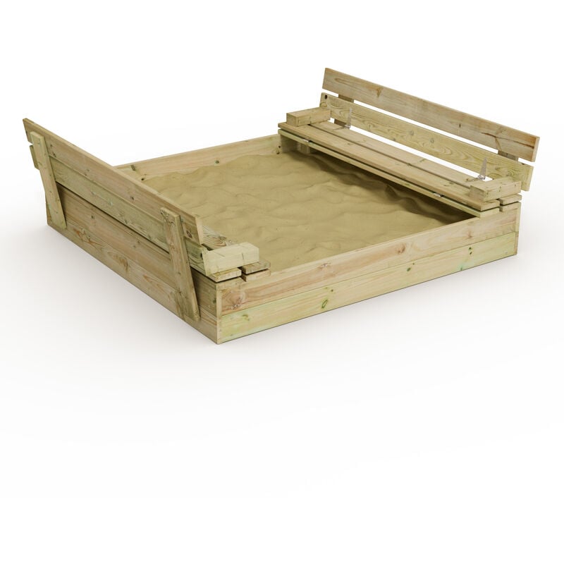 foto del prodotto sabbiera in legno flip con panchina e coperchio integrato, legno impregnato, sabbiera per bambini in legno wickey