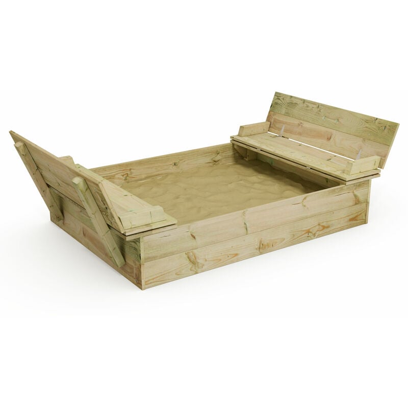 foto del prodotto sabbiera in legno flippey con panchina e coperchio integrato, legno impregnato, sabbiera per bambini in legno wickey