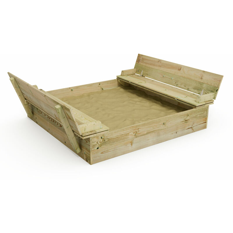foto del prodotto sabbiera in legno flippey con panchina e coperchio integrato, legno impregnato, sabbiera per bambini in legno wickey