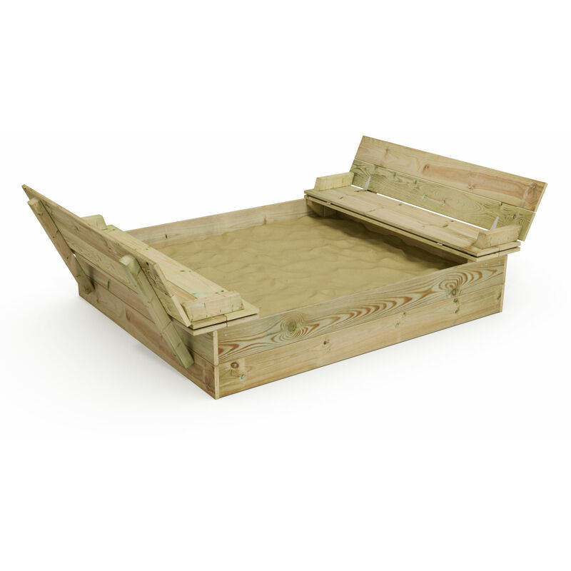 foto del prodotto sabbiera in legno flippey con panchina e coperchio integrato, legno impregnato, sabbiera per bambini in legno wickey