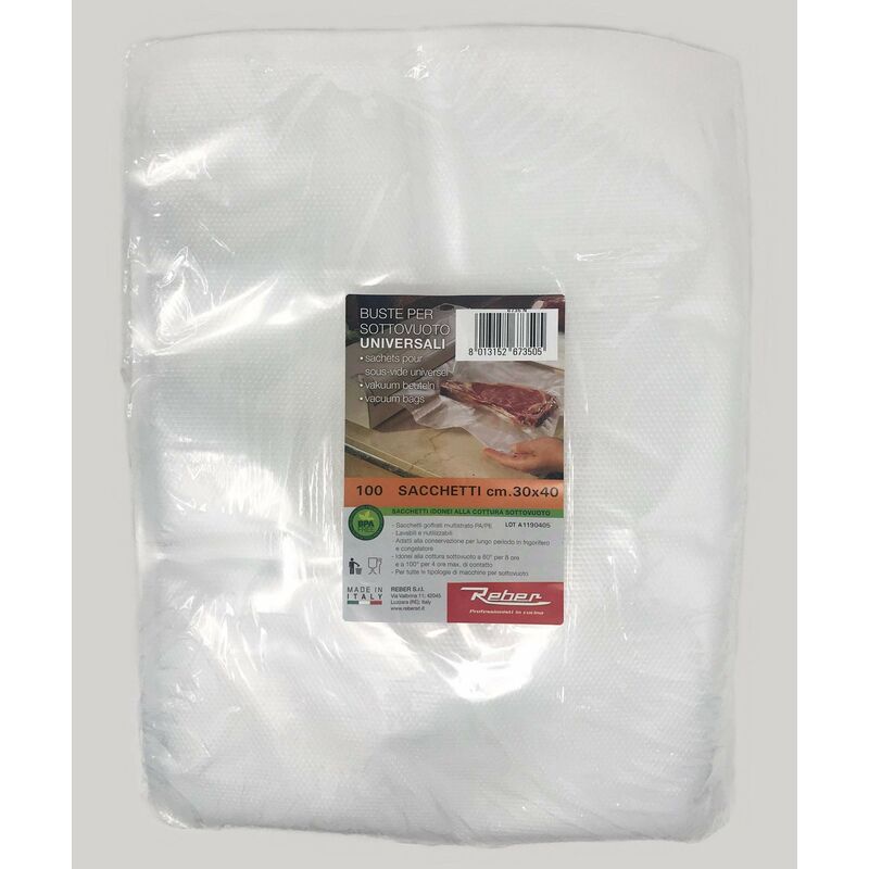 foto del prodotto sacchetti goffrati 6735n per sottovuoto, 30x40 cm, 105 micron, anti uv, 100pz., trasparente reber