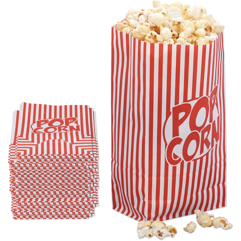 foto del prodotto sacchetti per popcorn, set 100 buste di carta a righe retr , gadget feste compleanno tema cinema, rosso bianco relaxdays