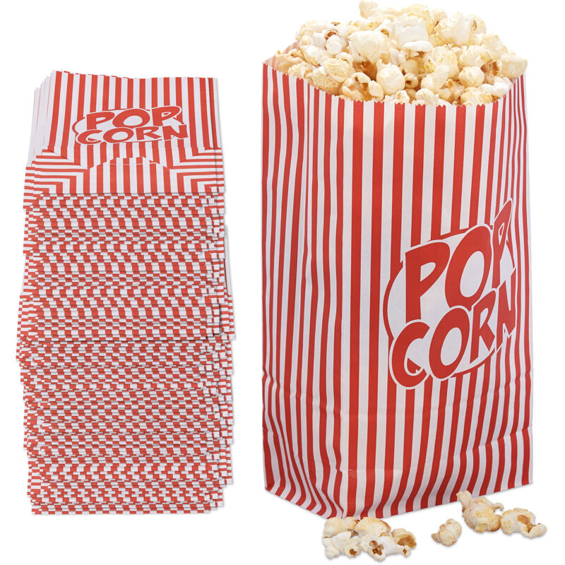 foto del prodotto sacchetti per popcorn, set 240 buste di carta a righe retr , gadget feste compleanno tema cinema, rosso bianco relaxdays