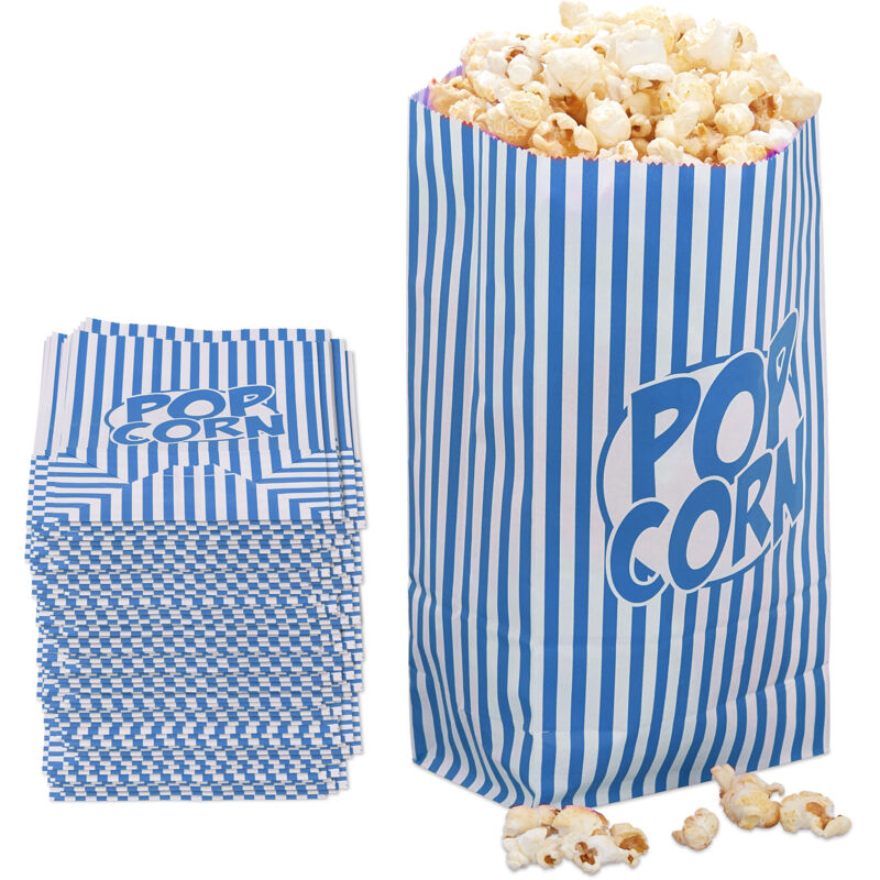 foto del prodotto sacchetti per popcorn, set da 144 buste di carta a righe retr , feste compleanno tema cinema, box, blu bianco relaxdays
