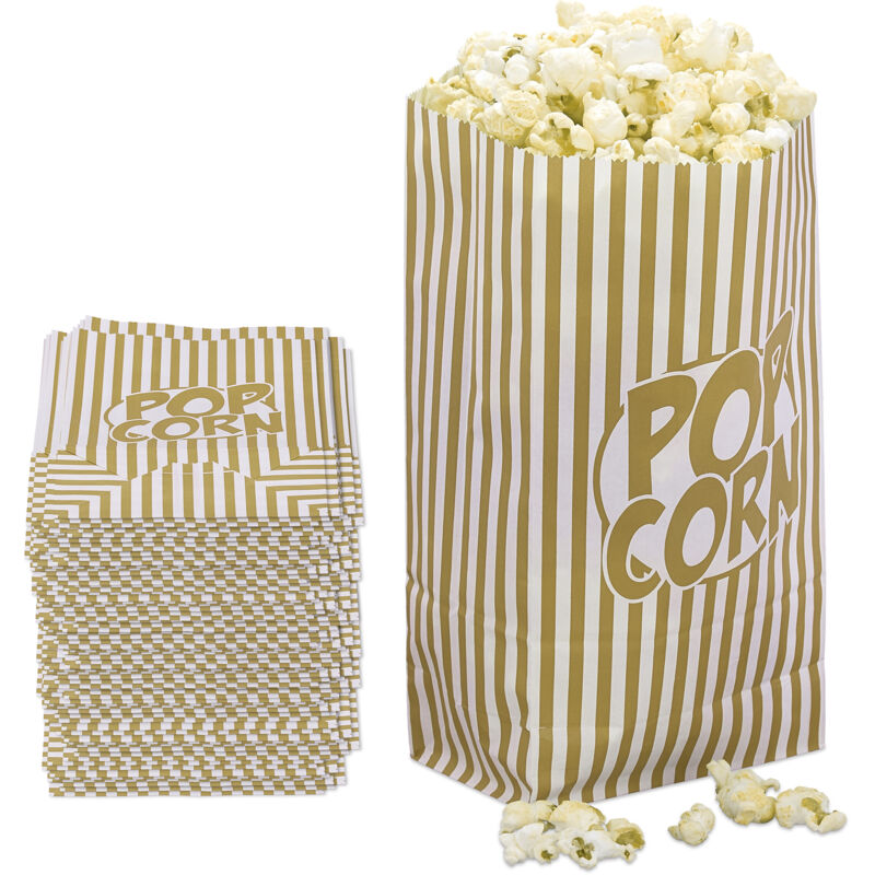 foto del prodotto sacchetti per popcorn, set da 144 buste di carta a righe retr , feste compleanno tema cinema, box, oro bianco relaxdays