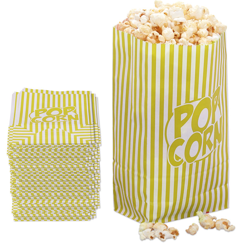 foto del prodotto sacchetti per popcorn, set da 144 buste di carta a righe retr , feste compleanno tema cinema, giallo bianco relaxdays