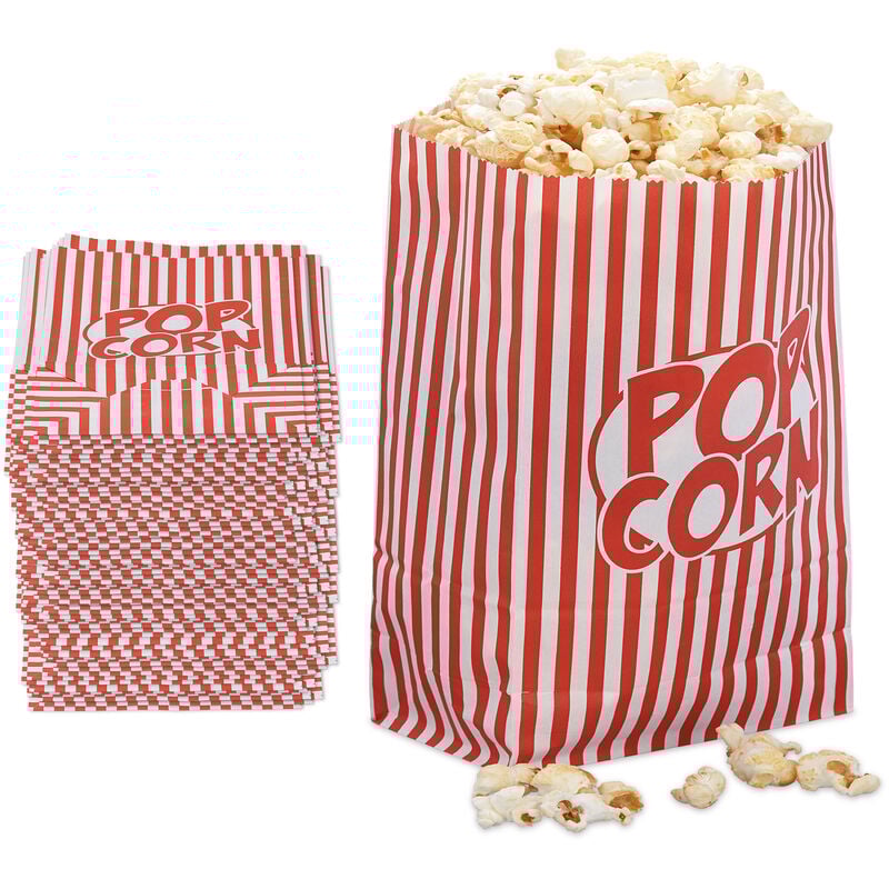 foto del prodotto sacchetti per popcorn, set da 48, a righe, feste compleanno tema cinema, box contenitore carta, rosso bianco relaxdays